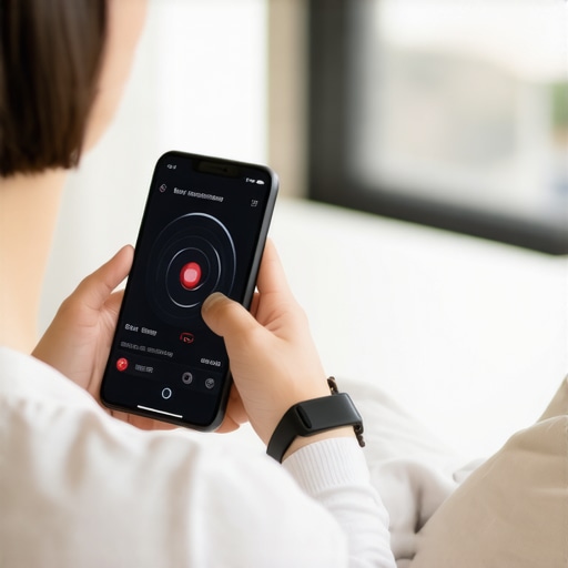 Person holding smartphone with health tracking app open, smartwatch on wrist in a cozy home environment.