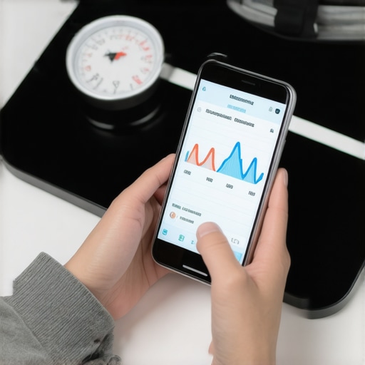 Person monitoring health data on smartphone with a digital scale nearby.