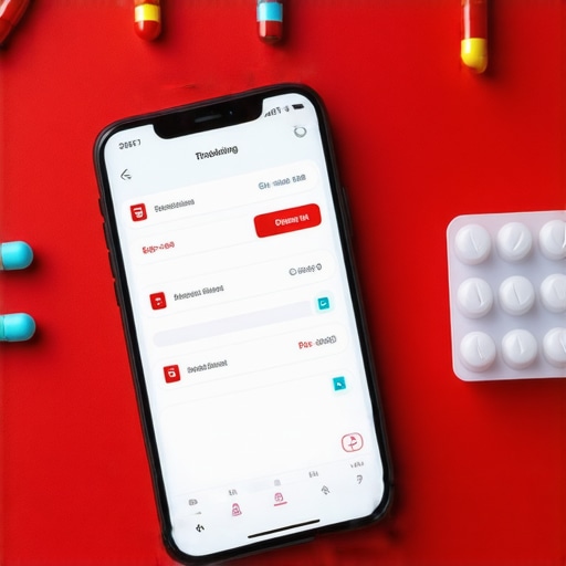 Smartphone app with medication schedule alongside pill organizer and handwritten logbook on a health-conscious background.