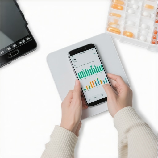 A person weighing themselves while recording data on a smartphone and organizing medication supplies.