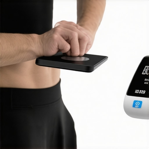Person weighing food with digital scale and wearing fitness tracker