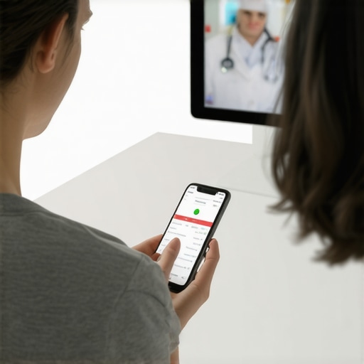 Person tracking weight loss progress on smartphone app during virtual doctor consultation.