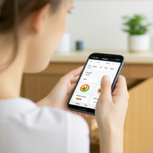 Individual analyzing health metrics on a smartphone and fitness tracker at home