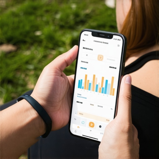 A person tracking their health and weight loss data on a smartphone app while walking in a park.