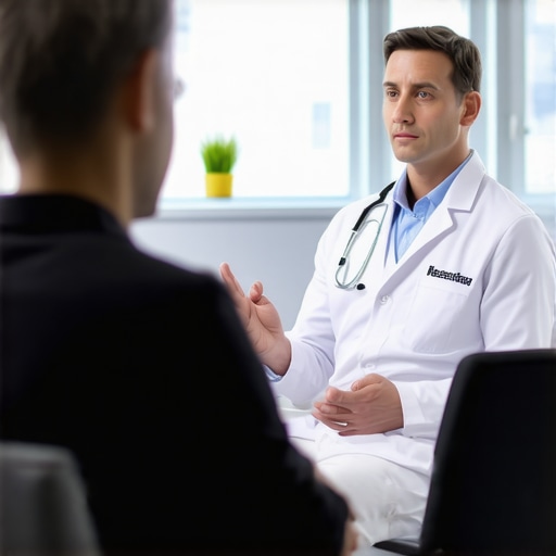 Doctor discussing personalized weight loss plan with patient, digital health charts and genetic insights
