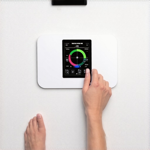 Individual standing on a digital smart scale analyzing body composition data