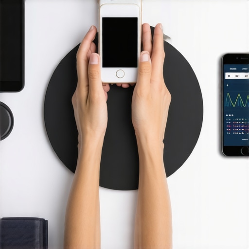 Person using smart scale and habit tracker app to monitor weight and health progress at home.