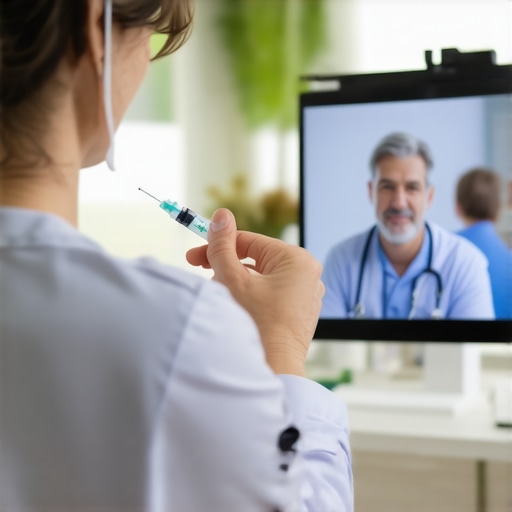 Doctor guiding a senior on how to administer a weight loss injection remotely.
