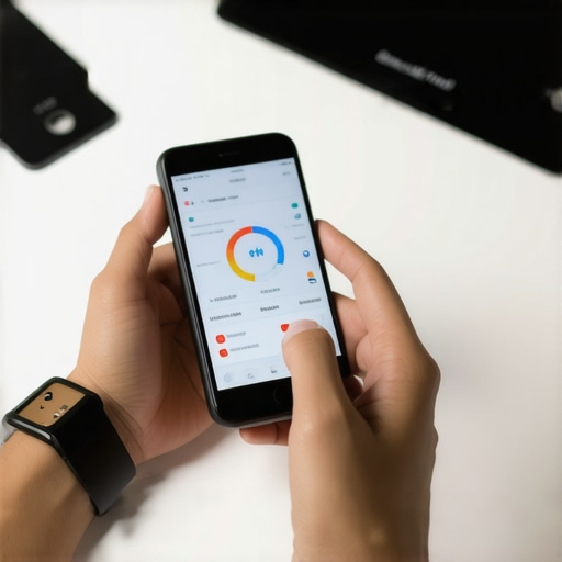 A person tracking health and activity data on their smartphone while wearing a fitness tracker.
