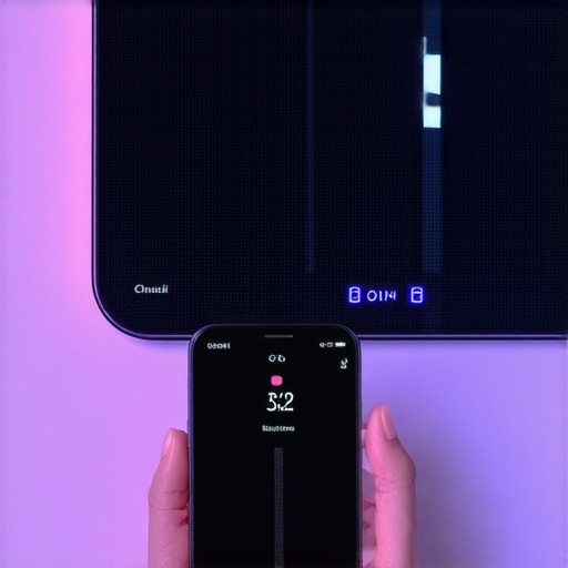 Person recording weight on a smartphone app with a smart scale in the background